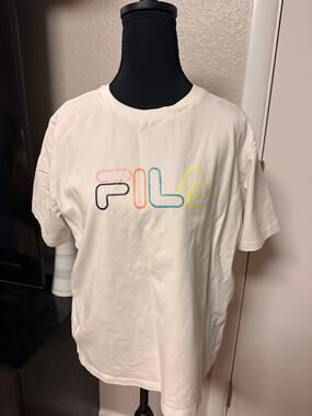 Retro Style FILA Graphic Stretch Tee White Crewneck with Multi-Color Pastel Logo